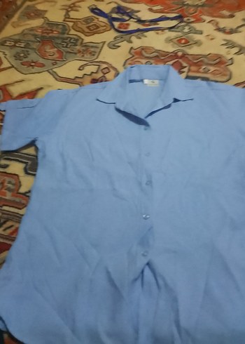 Pembe mavi Kısa Kollu Keten Gömlek - Görsel 5