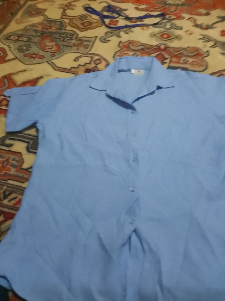 Pembe mavi  Kısa Kollu Keten Gömlek - Görsel 5