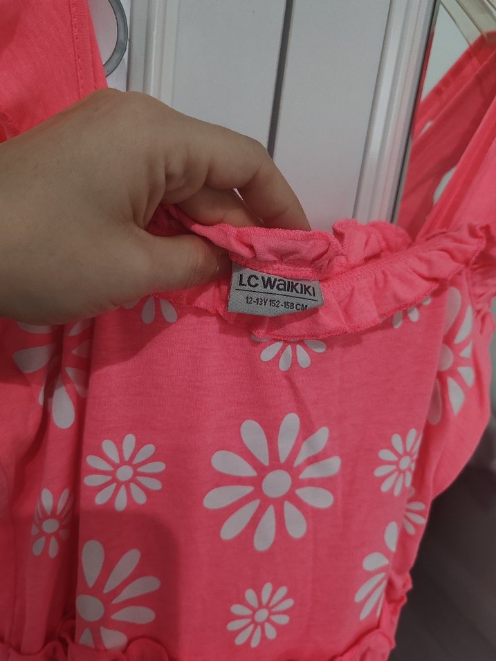 Kız Çocuk Pembe Baskılı Volanlı Elbise - Görsel 3