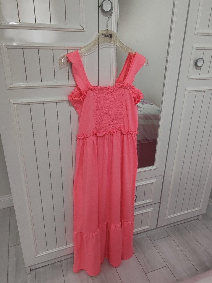 Kız Çocuk Pembe Baskılı Volanlı Elbise - Görsel 4