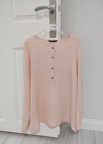 Düğmeli Uzun Kollu Pudra Pembesi Kadın Bluz - Görsel 2