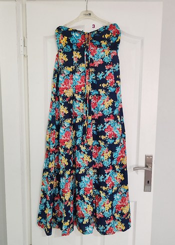 Çiçek Desenli Uzun Straplez Elbise - Görsel 4