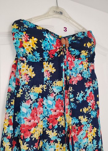 Çiçek Desenli Uzun Straplez Elbise - Görsel 2