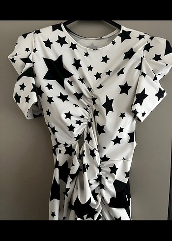 Baskılı Bisiklet Yaka Drapeli Mini Elbise - Görsel 4