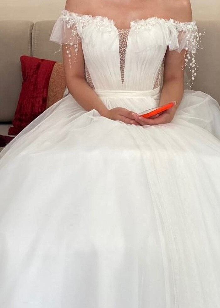 Tül Gelinlik straplez inci detaylı - Görsel 2