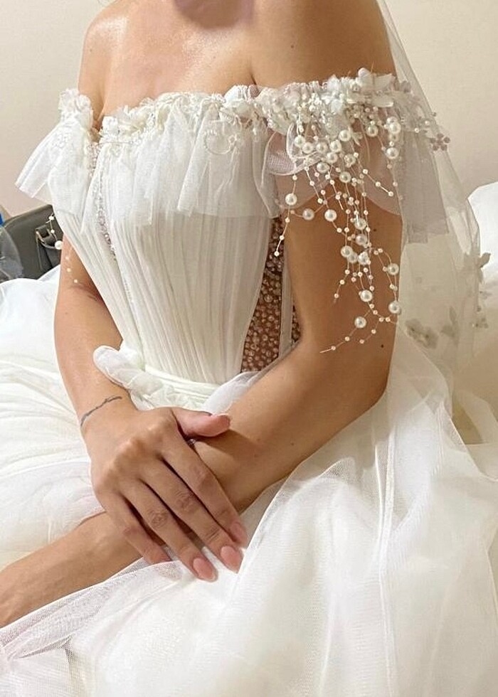 Tül Gelinlik straplez inci detaylı - Görsel 4
