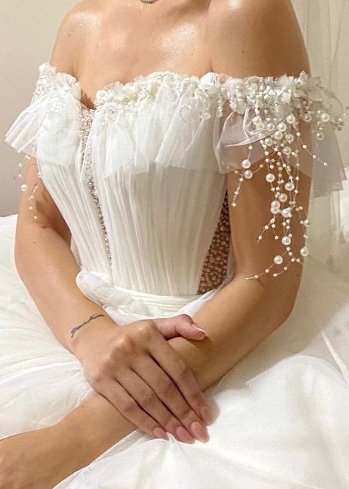 Tül Gelinlik straplez inci detaylı - Görsel 3