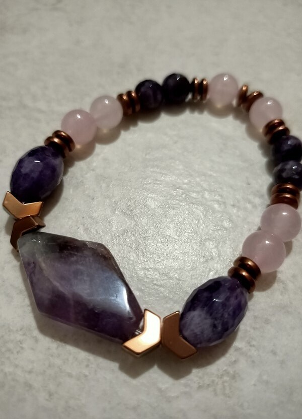Ametist Pembe Kuvars Hematit Bileklik - Görsel 3