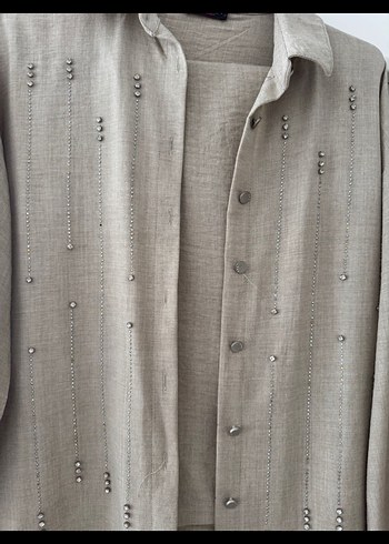 Bej Uzun Kollu Keten Kadın Ceket - Görsel 2