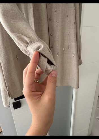 Bej Uzun Kollu Keten Kadın Ceket - Görsel 4