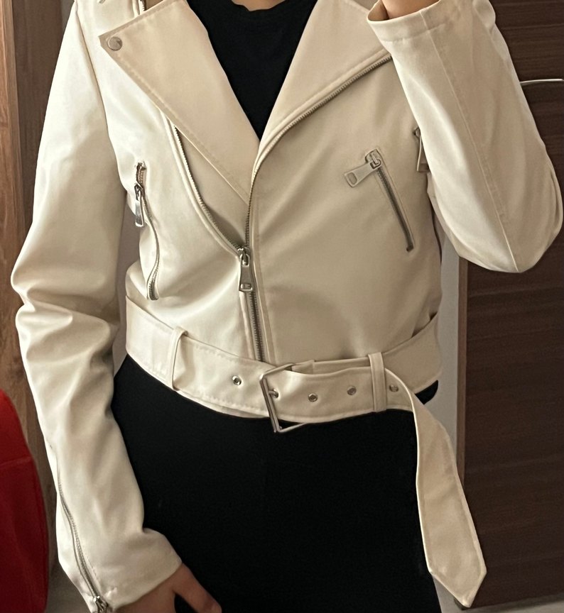 Beyaz Deri Kemerli Kadın Ceket - Görsel 3