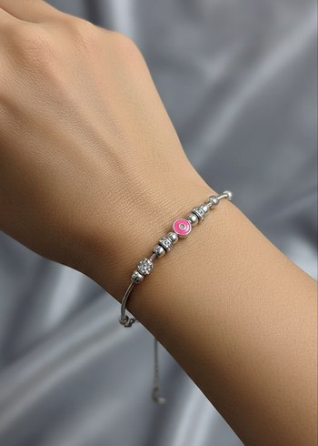Pembe Boncuklu Kadın Bileklik 925 Ayar Gümüş - Görsel 2