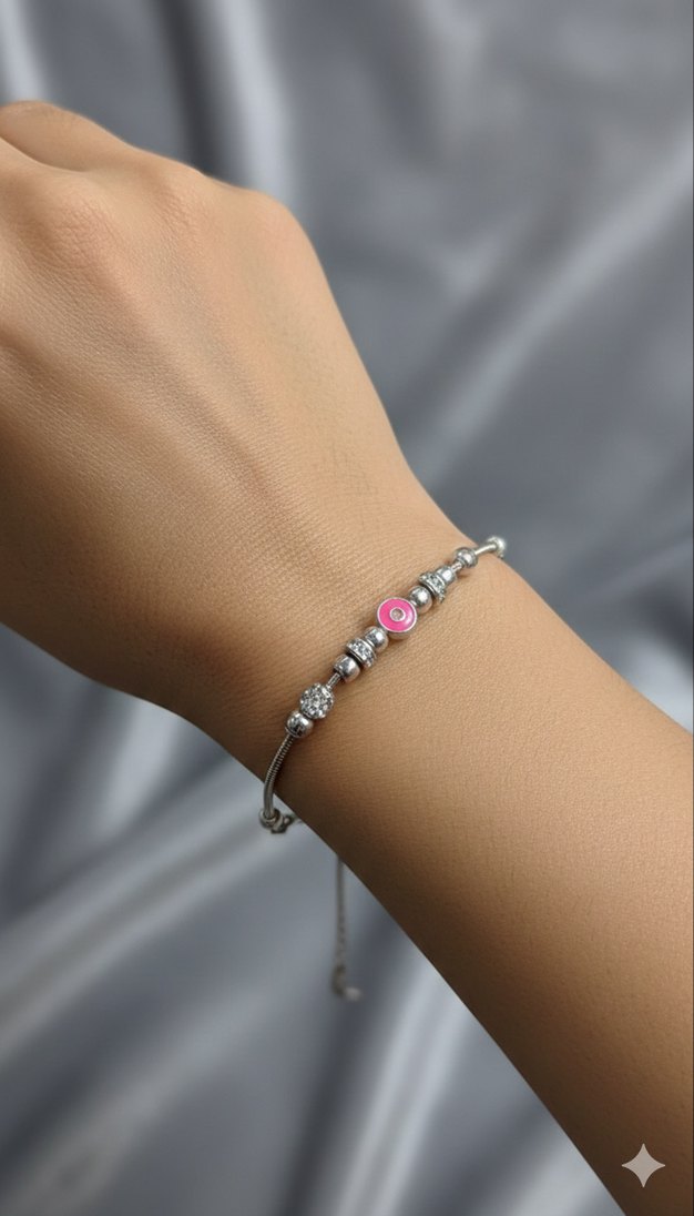 Pembe Boncuklu Kadın Bileklik 925 Ayar Gümüş - Görsel 2