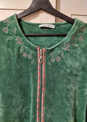 Yeşil Nakışlı Kadın kadife Uzun Elbise - Görsel 6