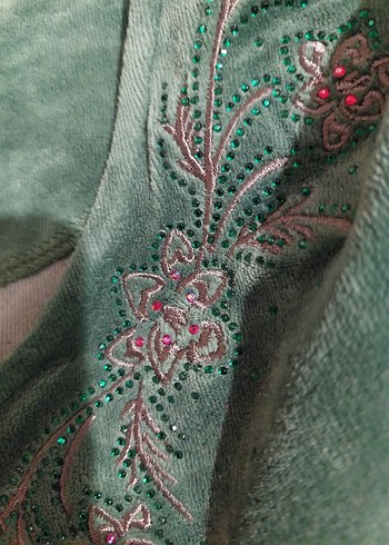 Yeşil Nakışlı Kadın kadife Uzun Elbise - Görsel 10