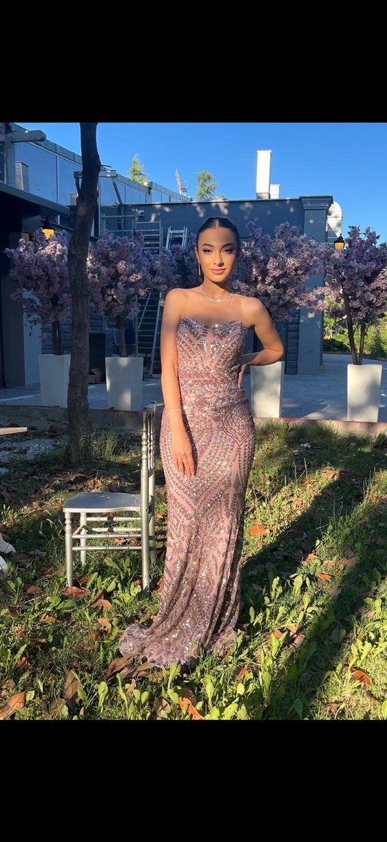 Kahverengi Parlak Dantel Detaylı Uzun Abiye Elbise - Görsel 3