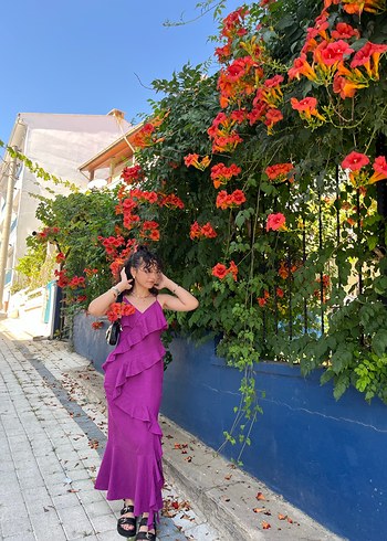 Mor Drapeli Uzun Kadın Elbise - Görsel 4