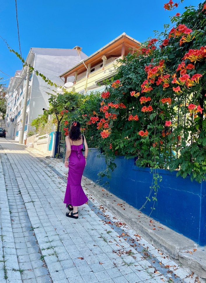 Mor Drapeli Uzun Kadın Elbise - Görsel 3