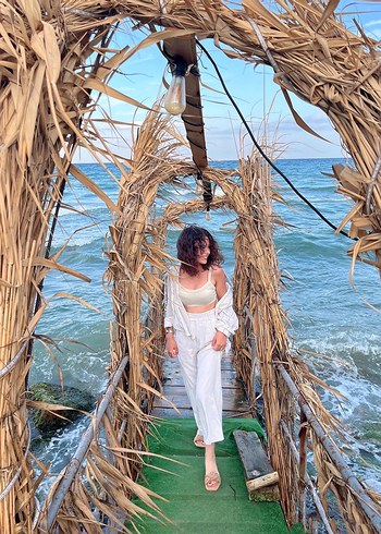 Krem bel detaylı stradivarius keten pantolon - Görsel 4