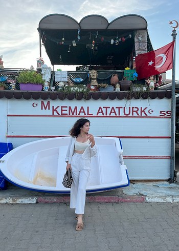 Krem bel detaylı stradivarius keten pantolon - Görsel 3