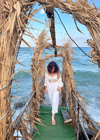 Krem bel detaylı stradivarius keten pantolon - Görsel 2