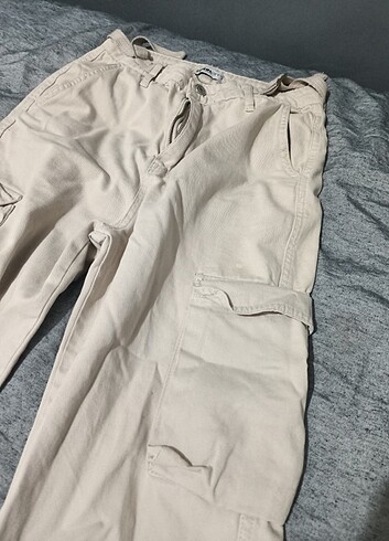 34 Beden Bej beli ayarlamalı geniş paça pantolon