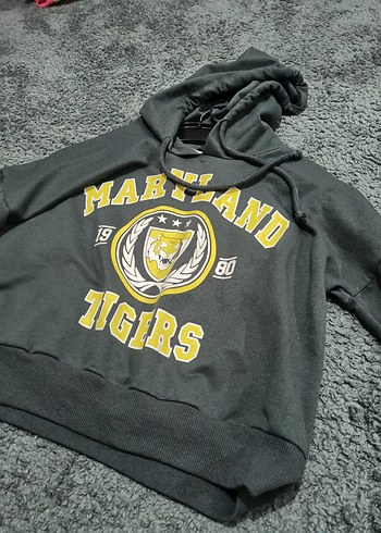 Kapüşonlu Gri Maryland Baskılı kısa Sweatshirt