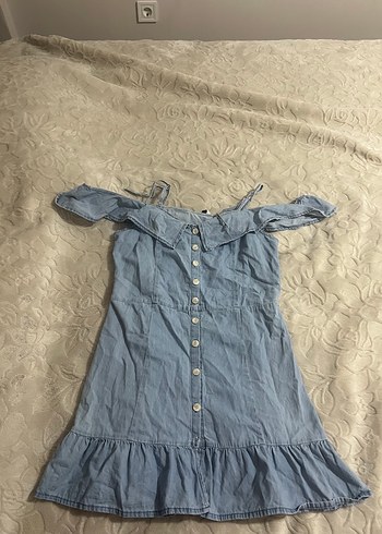 l Beden Mavi Denim Straplez Midi Elbise