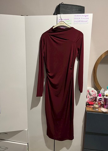 Bordo Drapeli Uzun Kollu Uzun Elbise - Görsel 2