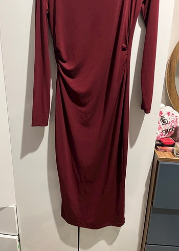 Bordo Drapeli Uzun Kollu Uzun Elbise - Görsel 3
