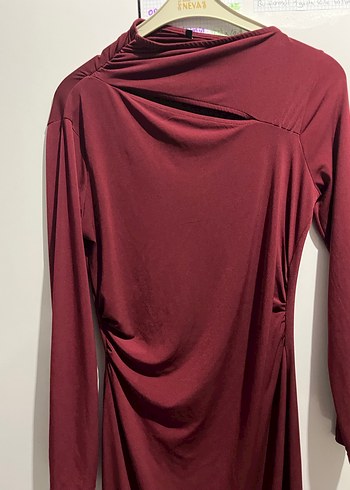 Bordo Drapeli Uzun Kollu Uzun Elbise - Görsel 7