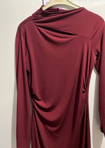 Bordo Drapeli Uzun Kollu Uzun Elbise - Görsel 6