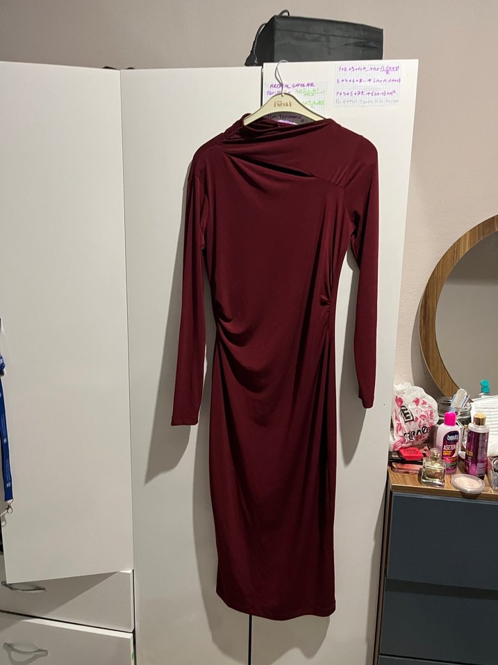 Bordo Drapeli Uzun Kollu Uzun Elbise - Görsel 2