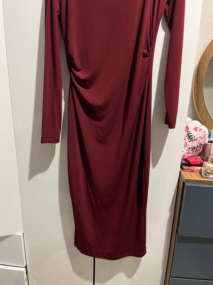 Bordo Drapeli Uzun Kollu Uzun Elbise - Görsel 3