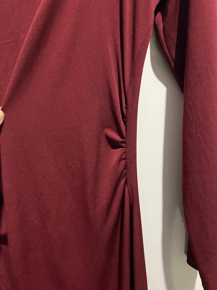 Bordo Drapeli Uzun Kollu Uzun Elbise - Görsel 4