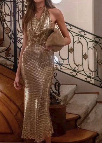 Parlak Altın Yılan Desenli Uzun Drapeli Elbise - Görsel 5