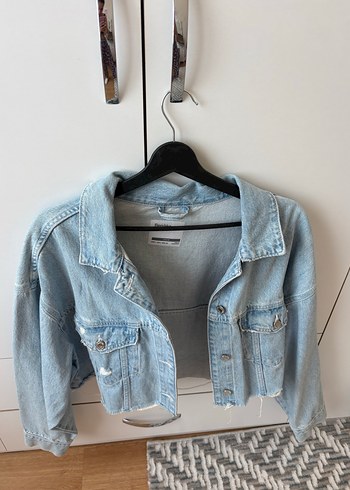 BERSHKA Mavi Kadın Kot Ceket - Görsel 4