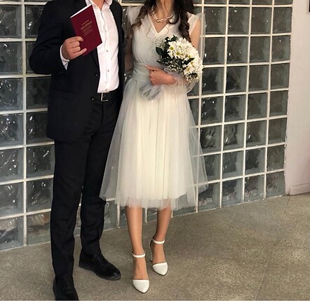 Balon Kol Beyaz Nikah Elbisesi