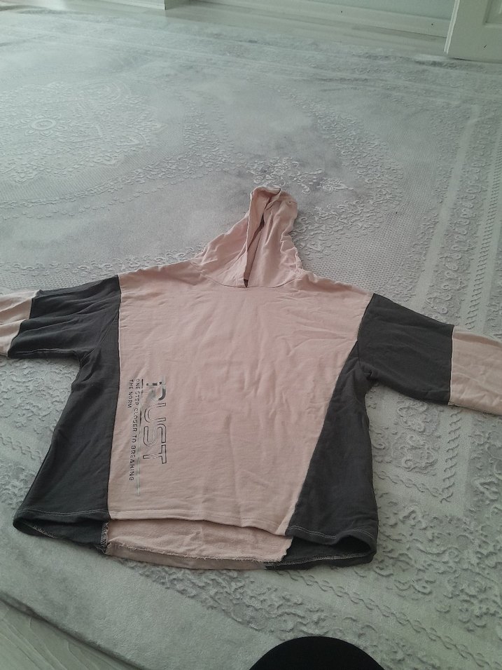 gri pudra salaş kapşonlu tişört - Görsel 3