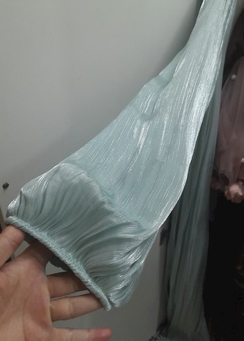 Mavi Yüksek Yakalı Salaş Uzun Elbise - Görsel 5