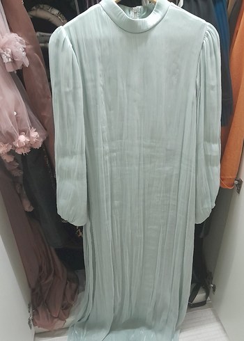 Mavi Yüksek Yakalı Salaş Uzun Elbise - Görsel 2