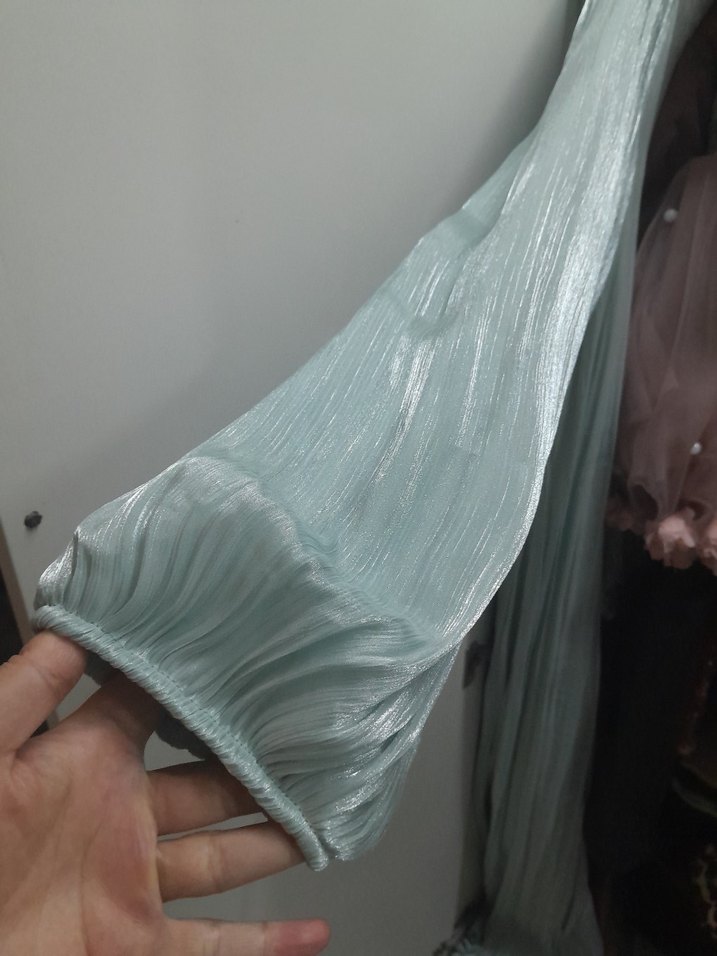 Mavi Yüksek Yakalı Salaş Uzun Elbise - Görsel 5