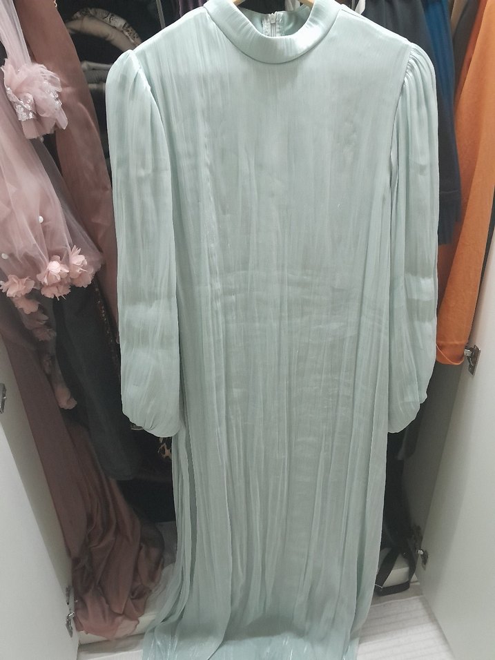 Mavi Yüksek Yakalı Salaş Uzun Elbise - Görsel 2