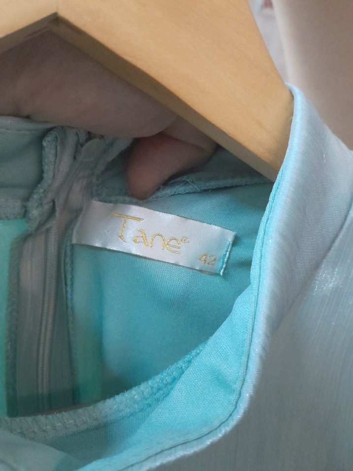 Mavi Yüksek Yakalı Salaş Uzun Elbise - Görsel 4