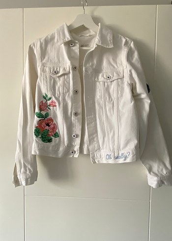 Nakışlı Beyaz kız çocuk Denim Ceket - Görsel 9