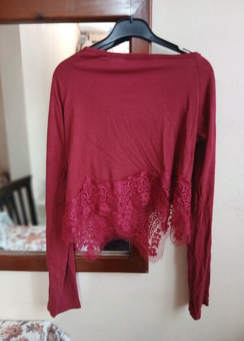 Bordo Dantel Detaylı Uzun Kollu Crop Bluz - Görsel 3