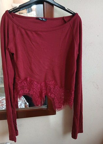 Bordo Dantel Detaylı Uzun Kollu Crop Bluz - Görsel 2