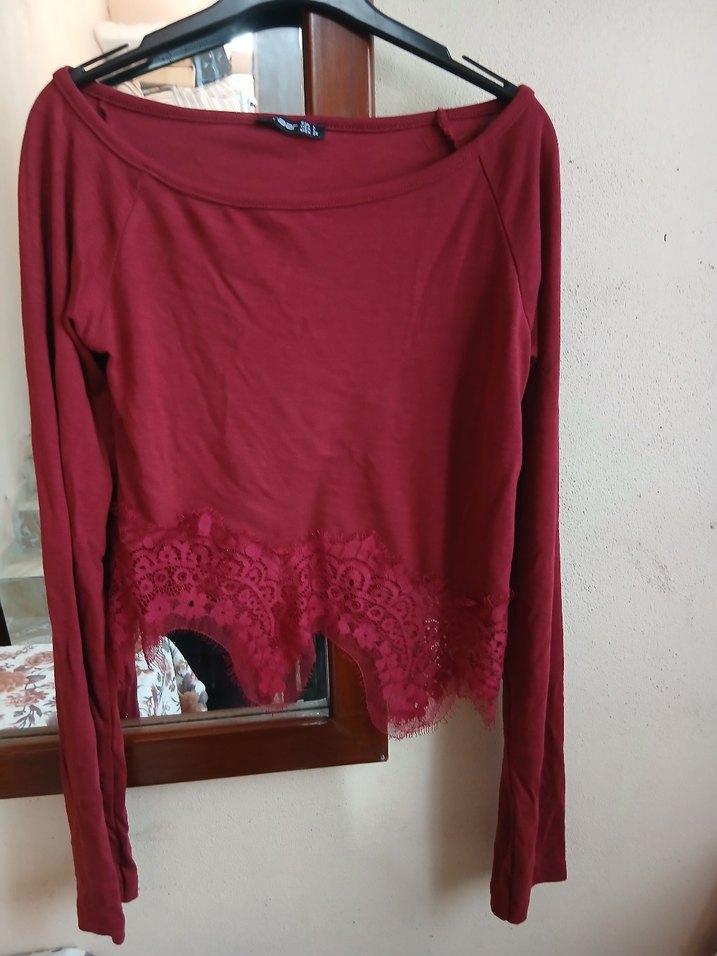 Bordo Dantel Detaylı Uzun Kollu Crop Bluz - Görsel 2