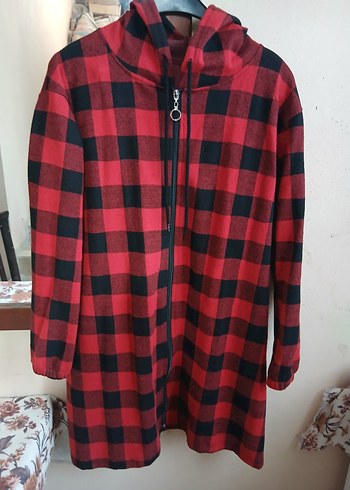 Kırmızı Ekose Fermuarlı Uzun Kollu Kadın Ceket - Görsel 2