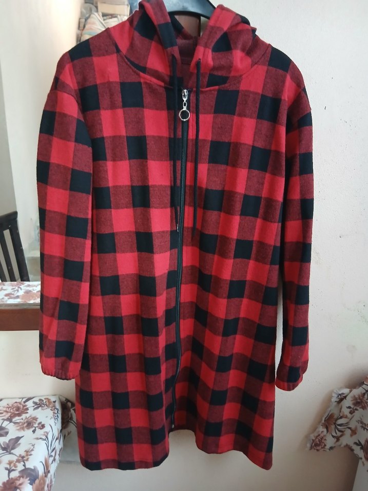 Kırmızı Ekose Fermuarlı Uzun Kollu Kadın Ceket - Görsel 2